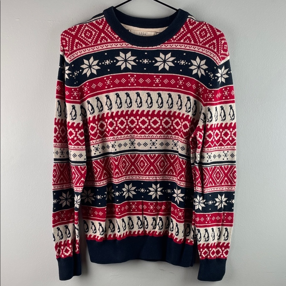 H&M Festive Red and Navy Penguin Sweater Size M